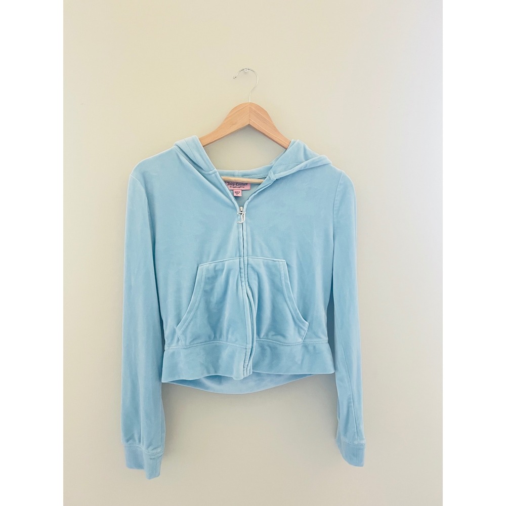 Juicy Couture Light Blue Velour Rhinestone Logo Zip Up Hoodie Y2K Large
